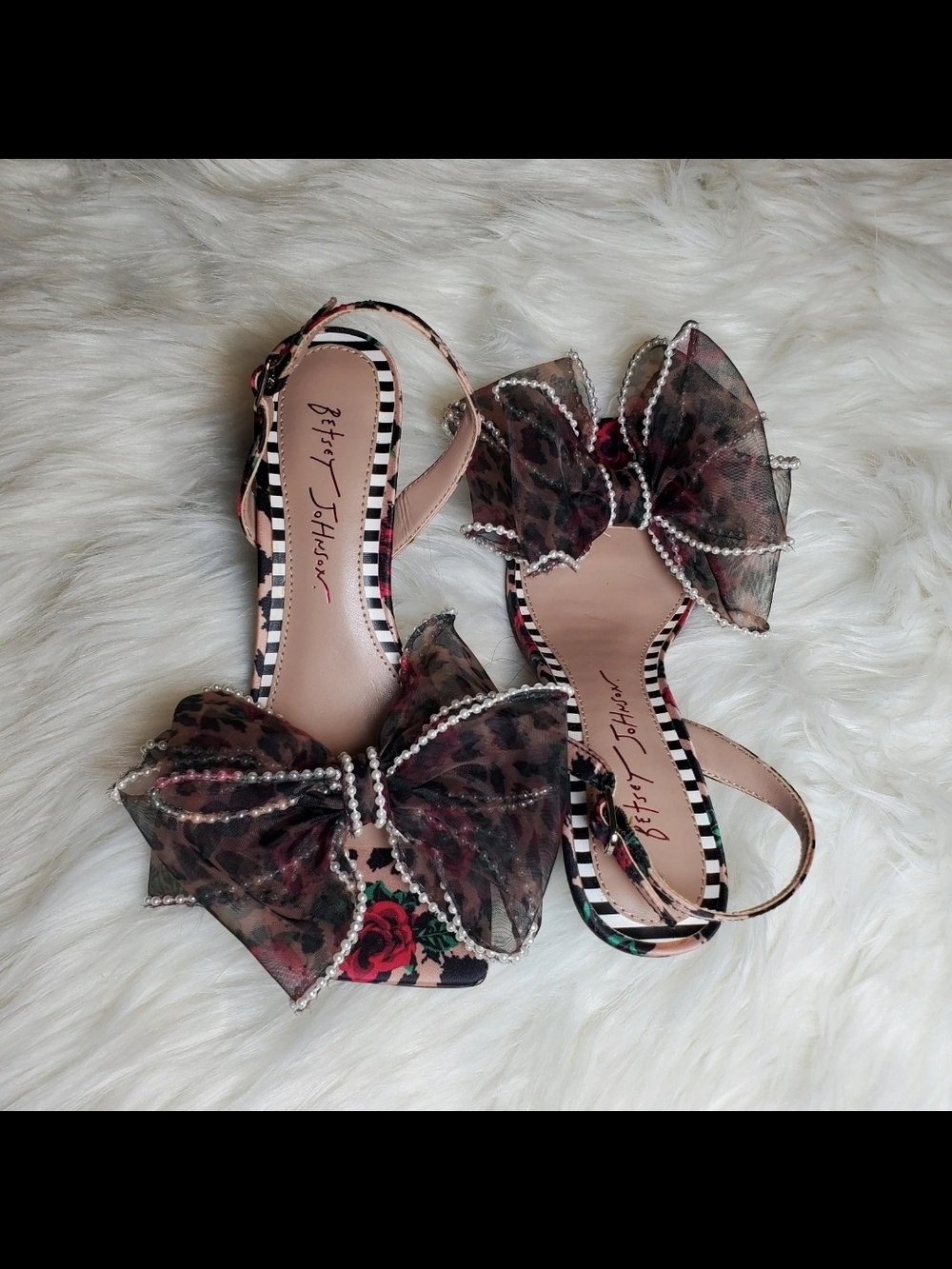 Betsey Johnson Floral Leopard Bow Slingback Sandals in Pink and Black - Picture 4 of 7